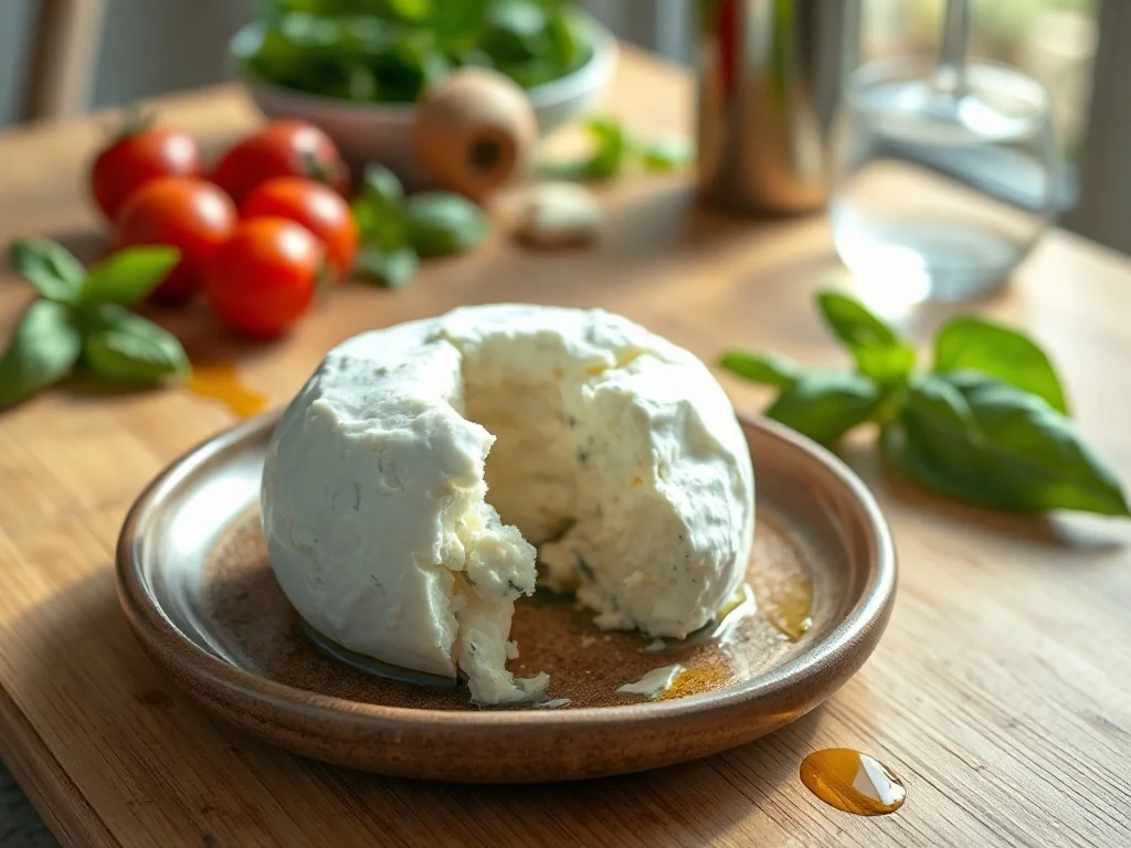 Świeża burrata z płynnym wnętrzem, podana z pomidorkami koktajlowymi, bazylią i oliwą na rustykalnym talerzu.