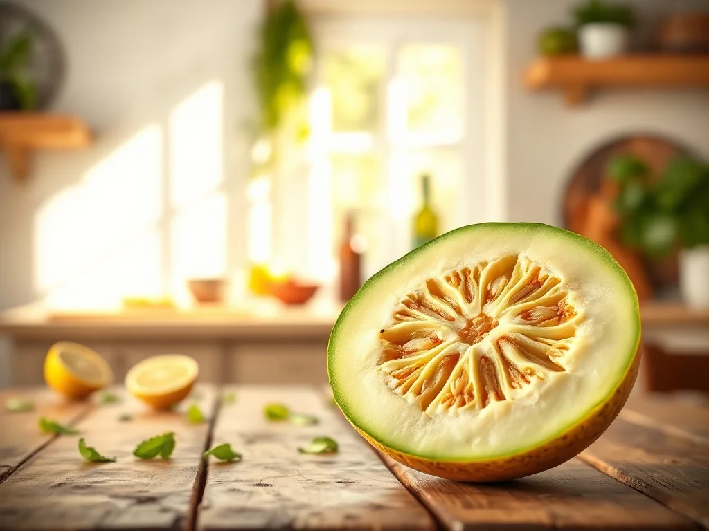Przekrojony melon galia z charakterystyczną siatkowaną skórką i jasnym miąższem na rustykalnym drewnianym stole.