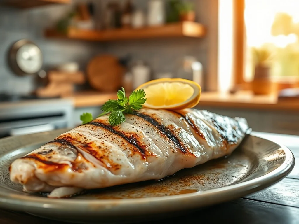 Świeżo grillowany filet z tilapii podany na ceramicznym talerzu z cytryną i ziołami.