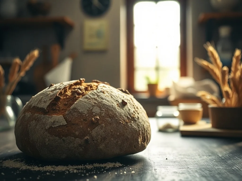 Bochenek wiejskiego chleba żytniego na zakwasie na drewnianym stole w ciepłym, słonecznym świetle kuchni.