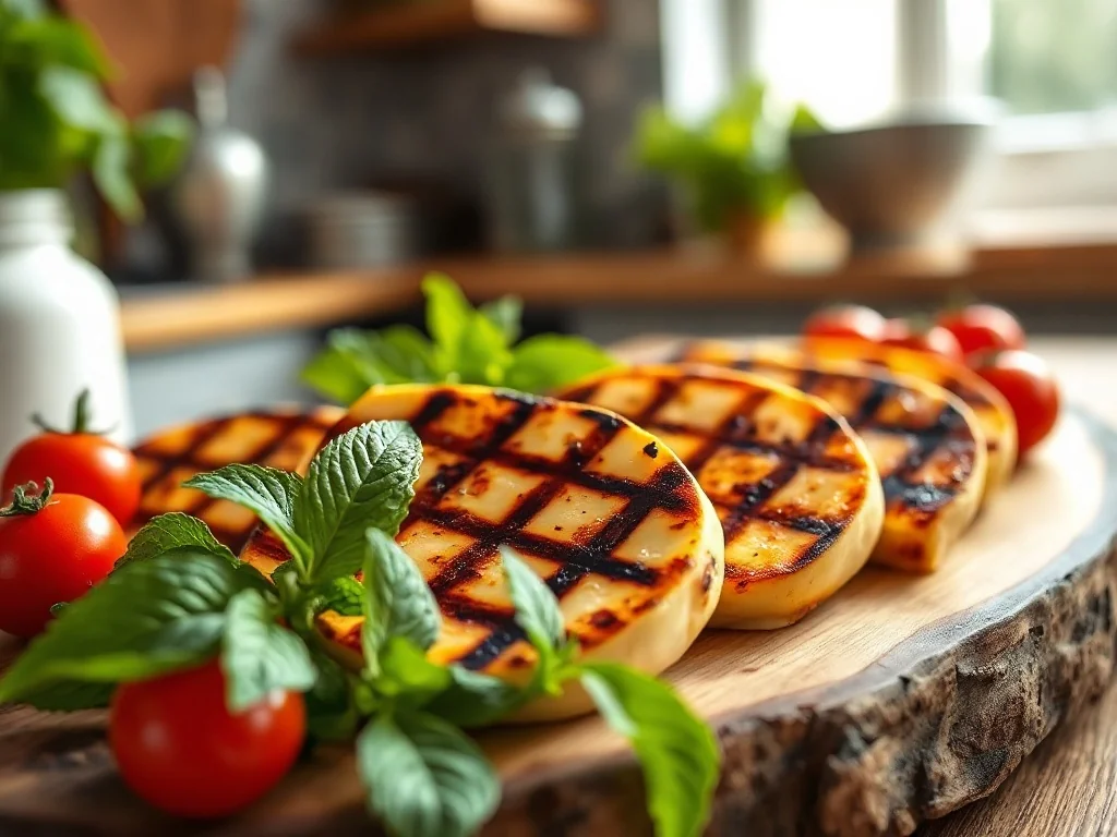 Złociste plastry grillowanego sera halloumi z pomidorkami koktajlowymi i świeżą miętą na drewnianym talerzu.